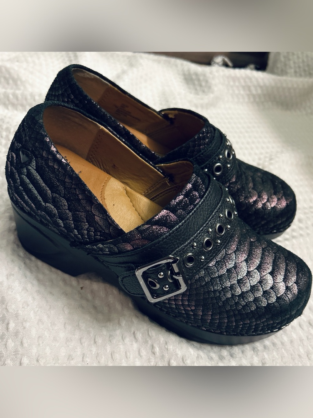 Nurse Mates Pillowtop Chelsea Mary Jane Black Snake Print Leather 7M 256951 Clog